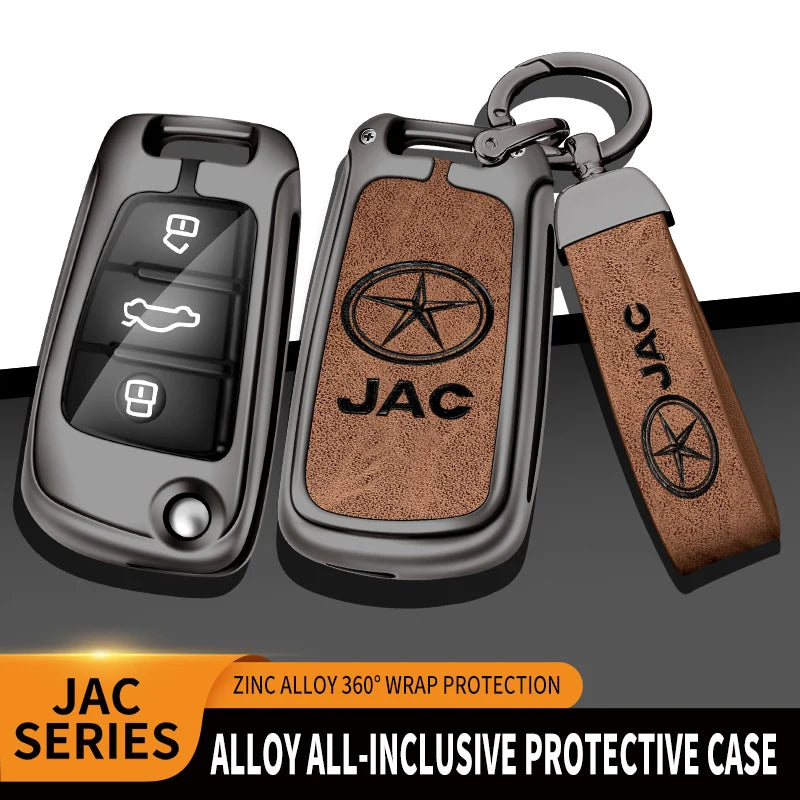GPRGIT Flip Folding Zinc Alloy Leather Car Key Case Cover Shell for JAC JS2 S2 S3 S5 S7 T40 T50 Sei 3 2019 2021 A5 R3 Auto Accessories