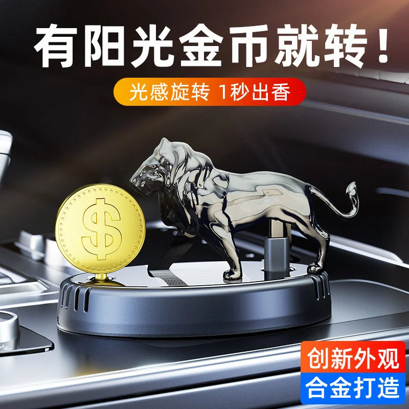 GPRGIT Solar Aromatherapy Car Ornament Rotating Gold Coin Lion Car Perfume Interior Decoration