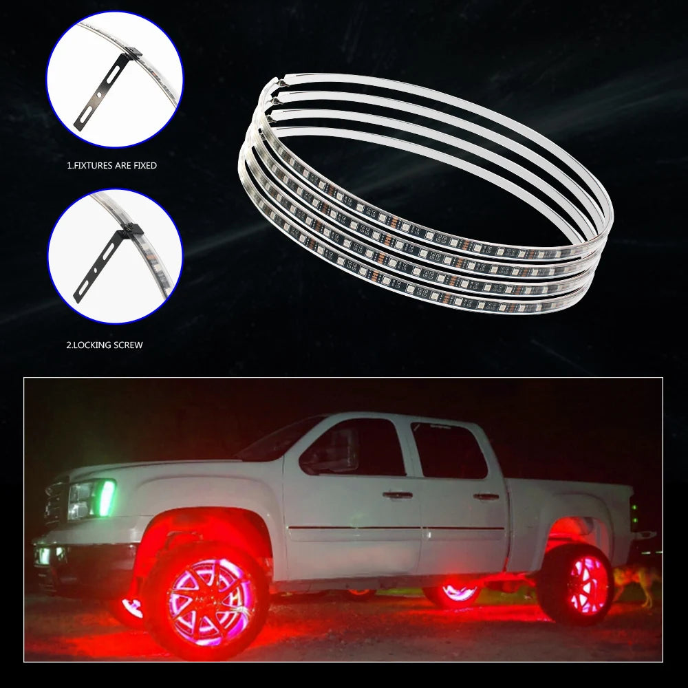 GPRGIT 15inch RGBW LED Wheel Ring Lights Kit - Offroad Truck Car - 12V, 3W, 7 Colors, APP/Remote Control, Wheel Mount