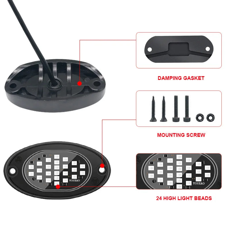 GPRGIT Music Mood Red White LED Neon Rock Light - Waterproof Chassis RGB Rock Lights - IP68, APP Control, 12V, 2W, 24 LEDs, Underbody