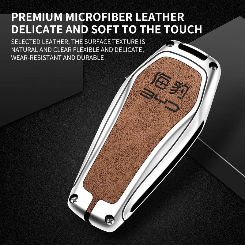 GPRGIT Zinc Alloy Leather Car Key Case Cover for BYD Atto 3 Han EV Dolphin 4 Buttons Remote Keychain Accessories