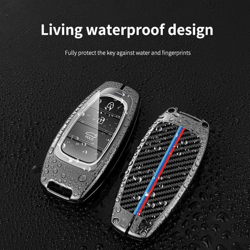 GPRGIT Carbon Fiber Zinc Alloy Leather Car Logo Key Case for Hyundai Tucson Solaris Sonata Hybrid NEXO NX4 Santafe DN8 2020 2021 2022