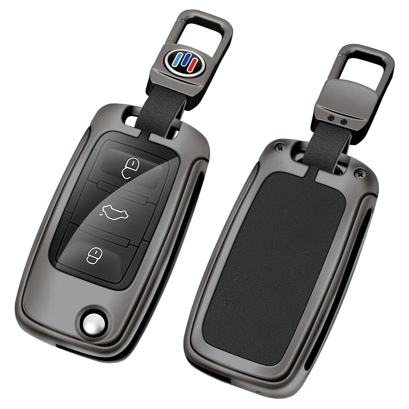 GPRGIT Metal Leather Car Flip Key Fob Case Cover for VW Golf Bora Jetta Scirocco Tiguan Polo Skoda Octavia Superb Keyless