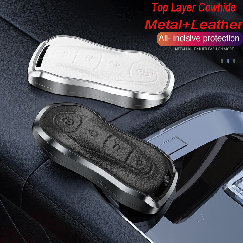GPRGIT Aluminum Alloy+Leather Car Key Cover Case for Geely Tugella Xingyue Boyue Pro Atlas Pro