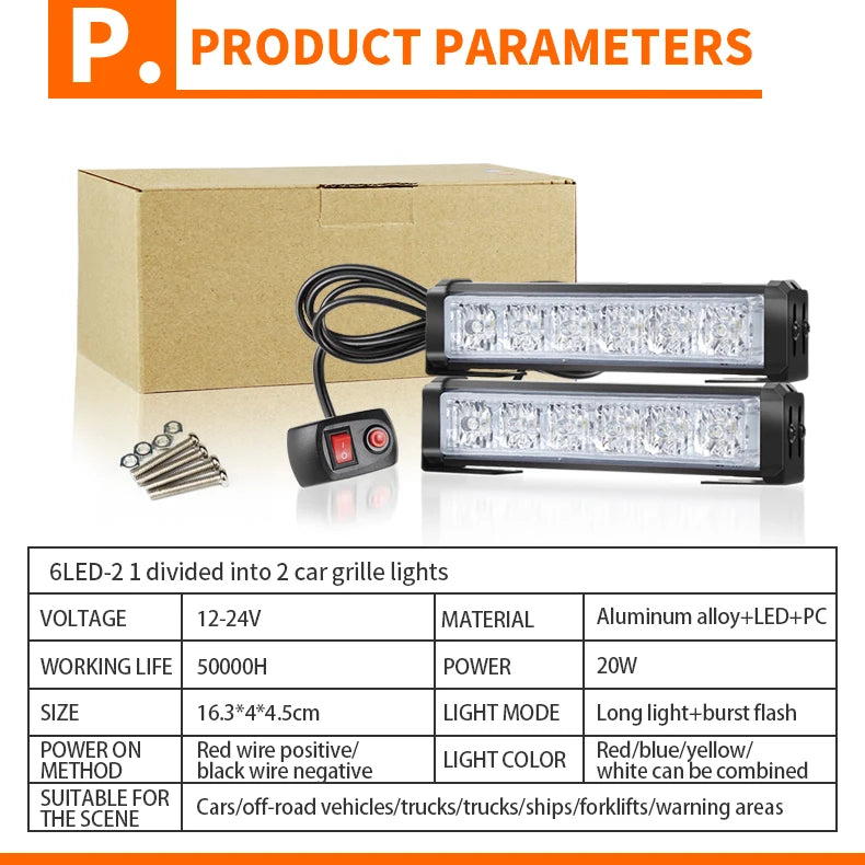 Car Truck 4 In1 6LED Emergency Strobe Flashing Light Bar Car Grille Dash Deck Warning Lamp Light Bars for Vehicles 12V