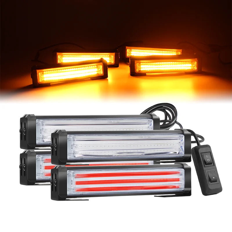 4pcs COB LED Warning Strobe Lights Bar Car Grille Light Day Running LED Flasher Emergency Flashing Lights Kit for Truck