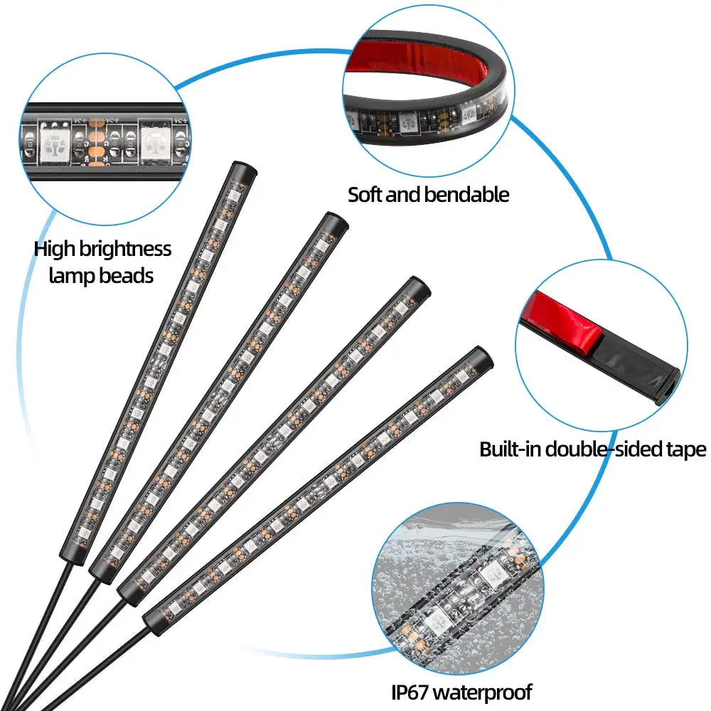 GPRGIT Car Foot Ambient Light 72 LED Seven Color RGB Remote Voice Control Music Strip
