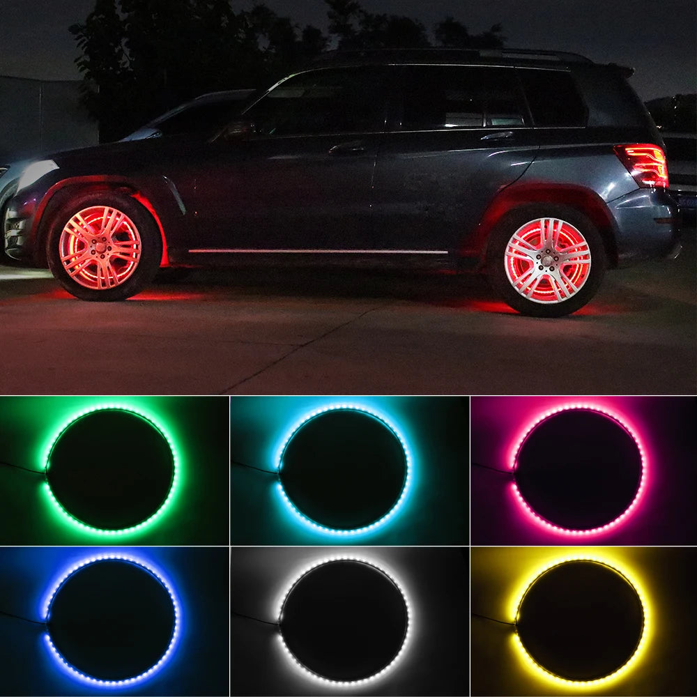 GPRGIT 15inch RGBW LED Wheel Ring Lights Kit - Offroad Truck Car - 12V, 3W, 7 Colors, APP/Remote Control, Wheel Mount