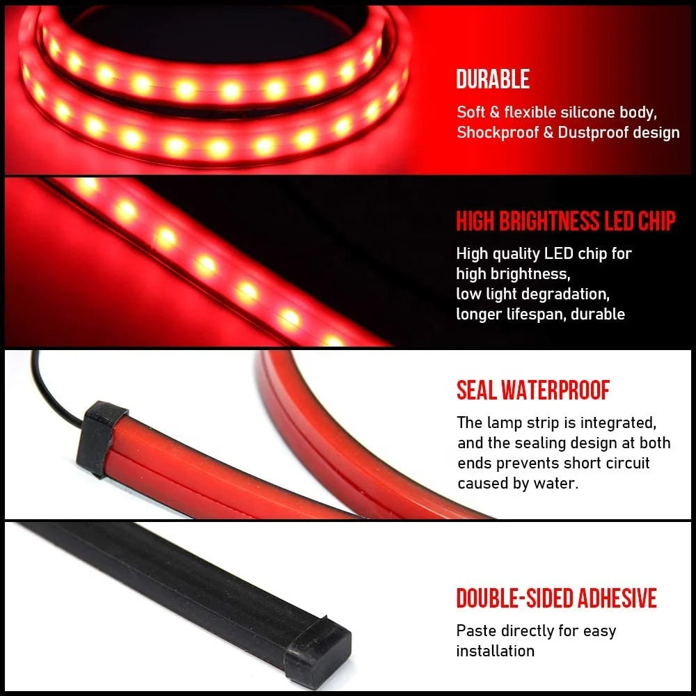 GPRGIT 1M High Mount Rear Tail Brake LED Warning Strip Light Car Strobe Flashing Stop Lamp 12V Flexible LED Flow Red Color Running