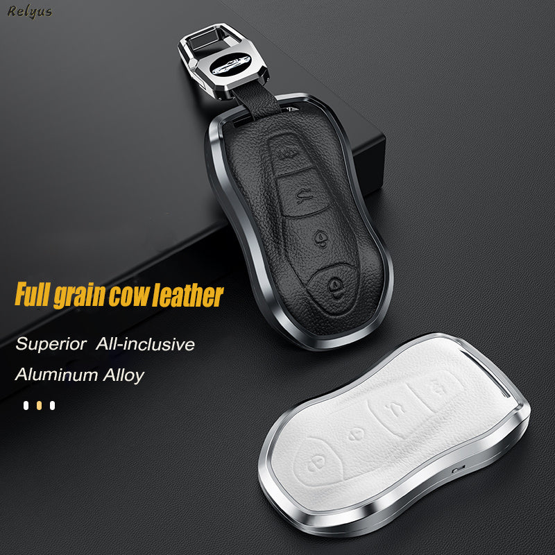 GPRGIT Aluminum Alloy+Leather Car Key Cover Case for Geely Tugella Xingyue Boyue Pro Atlas Pro