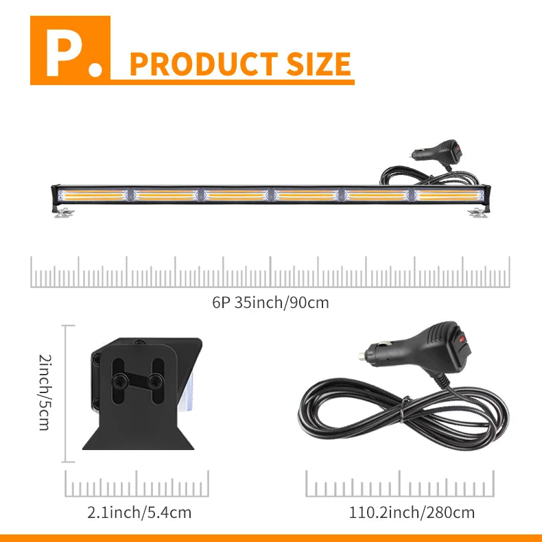 Amber White Red Blue 35inch LED Hazard Emergency Strobe Light Bar COB Flashing Warning Safety Dash Windshield Lights 12V 24V