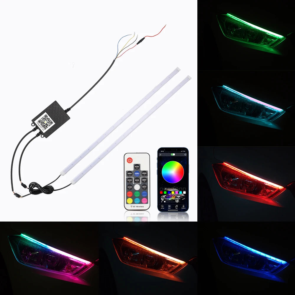 GPRGIT Universal Fit Auto Interior Lighting Strip Light - Colorful Ambient Flow Beam - 12V, 3W, Multi Color, Front Headlight, Surface Mount