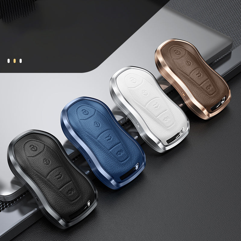 GPRGIT Aluminum Alloy+Leather Car Key Cover Case for Geely Tugella Xingyue Boyue Pro Atlas Pro