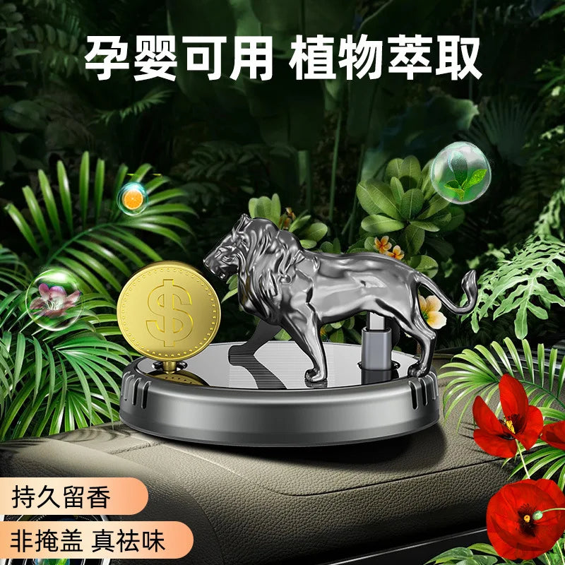 GPRGIT Solar Aromatherapy Car Ornament Rotating Gold Coin Lion Car Perfume Interior Decoration