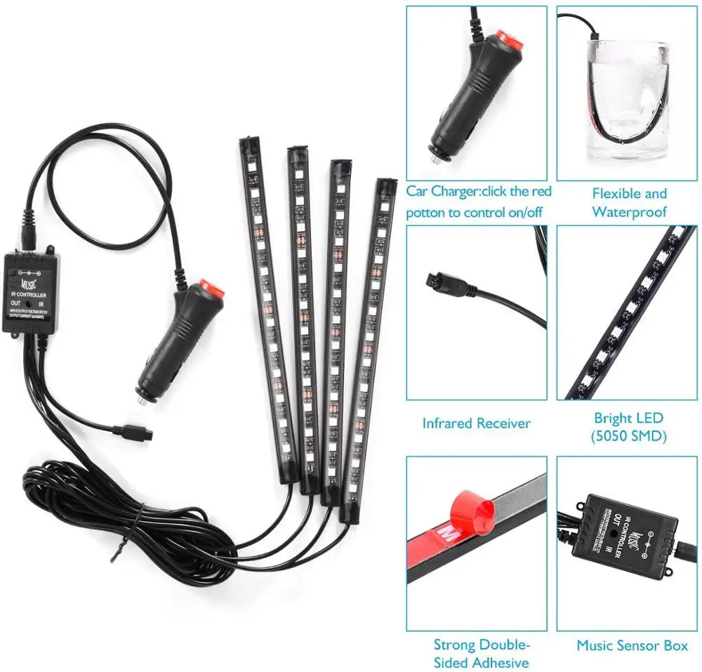 GPRGIT Remote 5050 RGB LED Strip Lamp USB Car Interior Atmosphere Ambient Light 12V 72W
