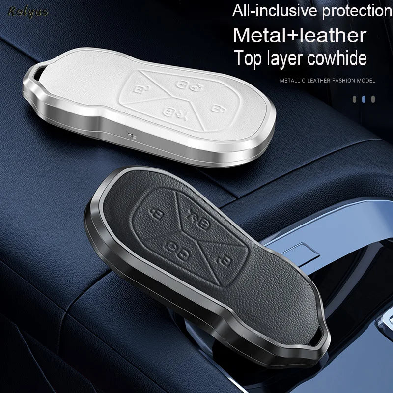 GPRGIT Leather Aluminum Alloy Car Key Cover Case for Xpeng Xiaopeng P5 P7 G9 G3i Smart 4 Buttons Keyless Fob Accessories