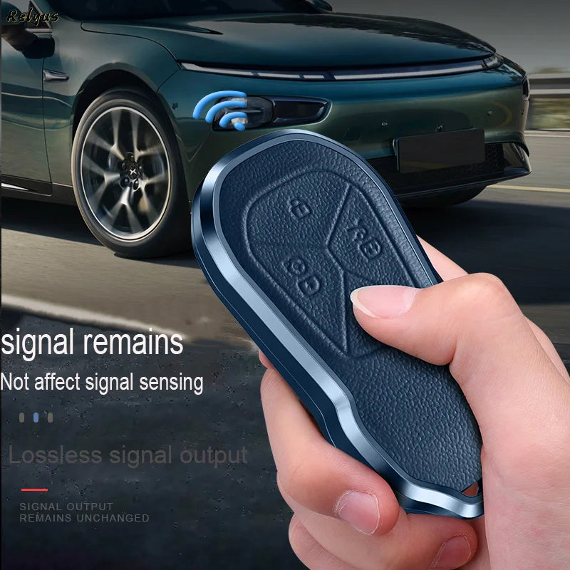 GPRGIT Leather Aluminum Alloy Car Key Cover Case for Xpeng Xiaopeng P5 P7 G9 G3i Smart 4 Buttons Keyless Fob Accessories