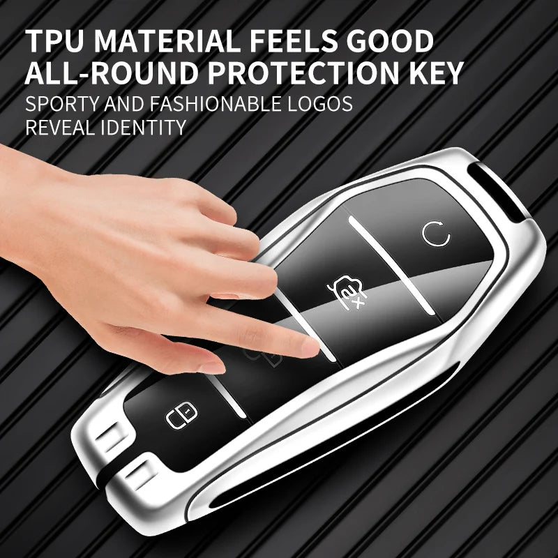 GPRGIT Zinc Alloy Leather Car Key Case Cover for BYD Atto 3 Han EV Dolphin 4 Buttons Remote Keychain Accessories