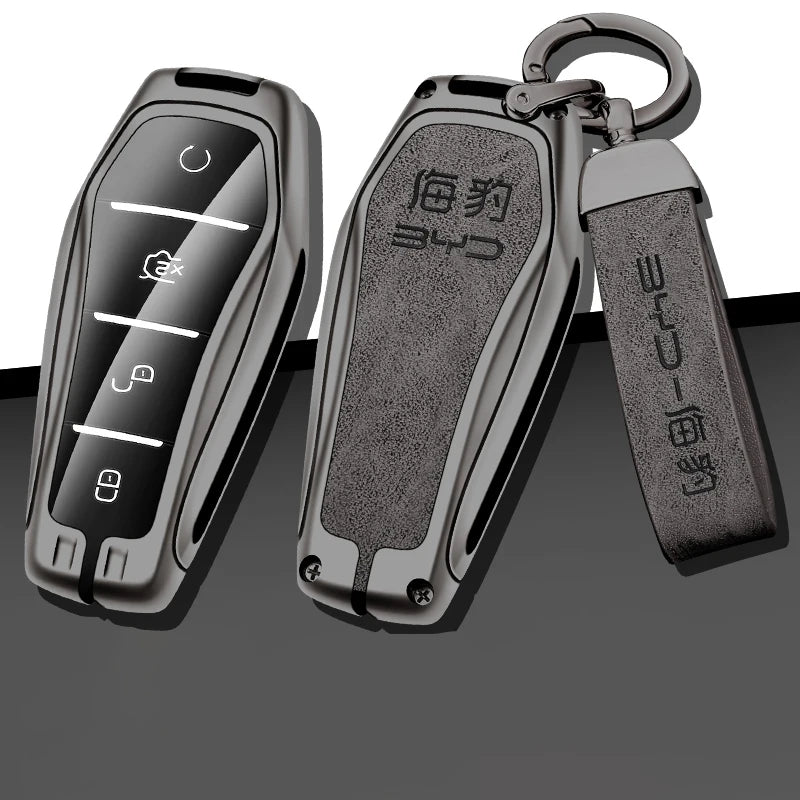 GPRGIT Zinc Alloy Leather Car Key Case Cover for BYD Atto 3 Han EV Dolphin 4 Buttons Remote Keychain Accessories
