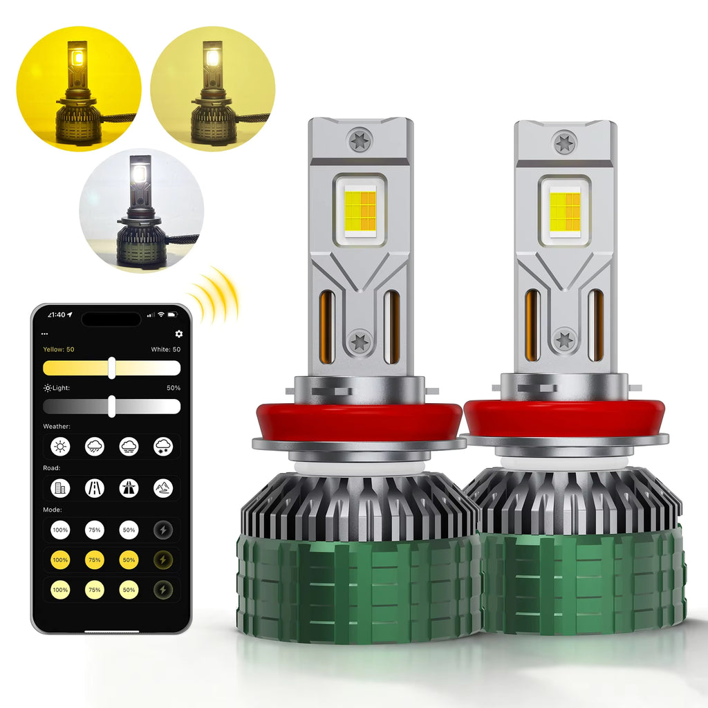 Smart APP Control LED Headlight Bulbs, Dual Copper Tube 12V Adjustable Color Temperature Faros LED, for H4 H7 H11 Car Fog Light