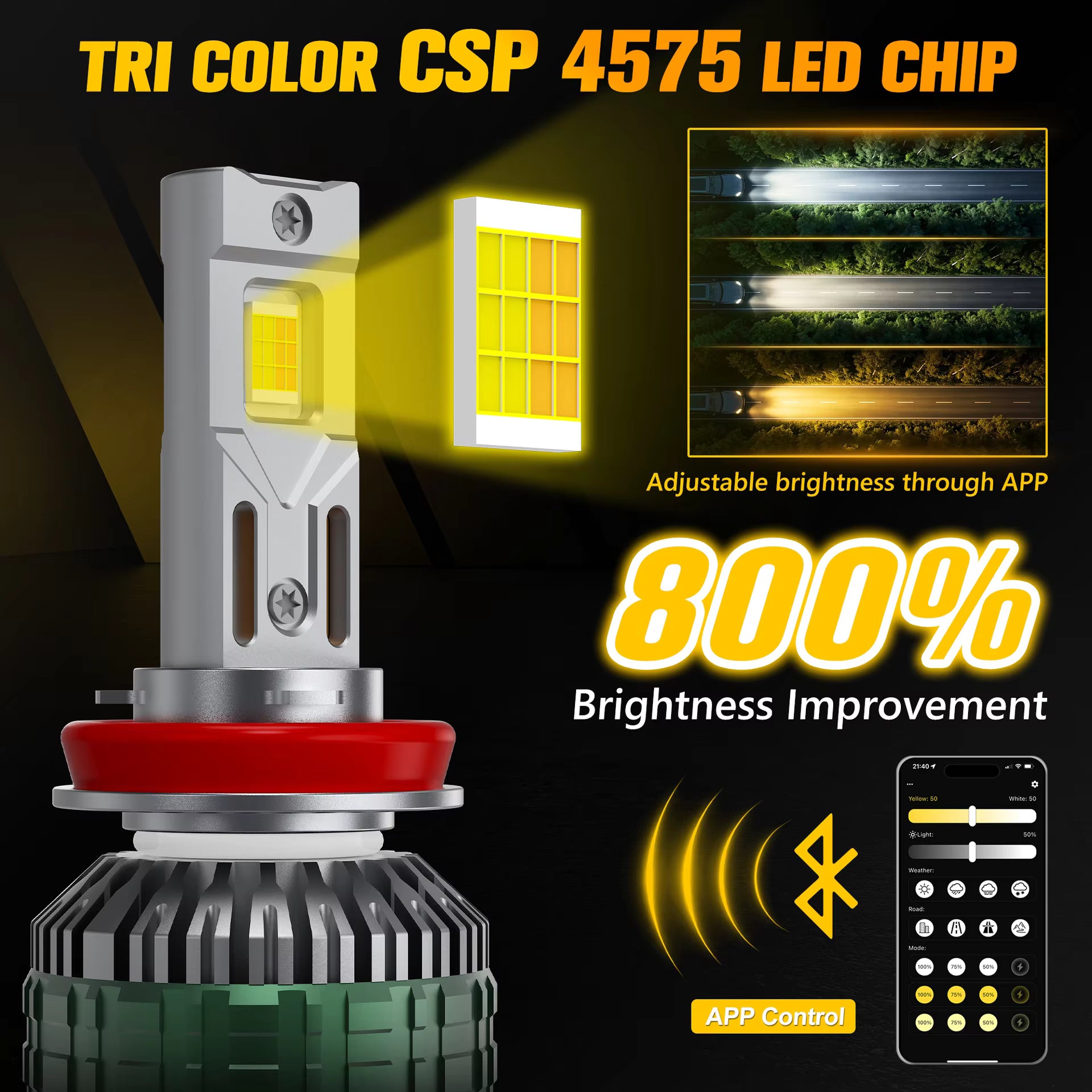 Smart APP Control LED Headlight Bulbs, Dual Copper Tube 12V Adjustable Color Temperature Faros LED, for H4 H7 H11 Car Fog Light