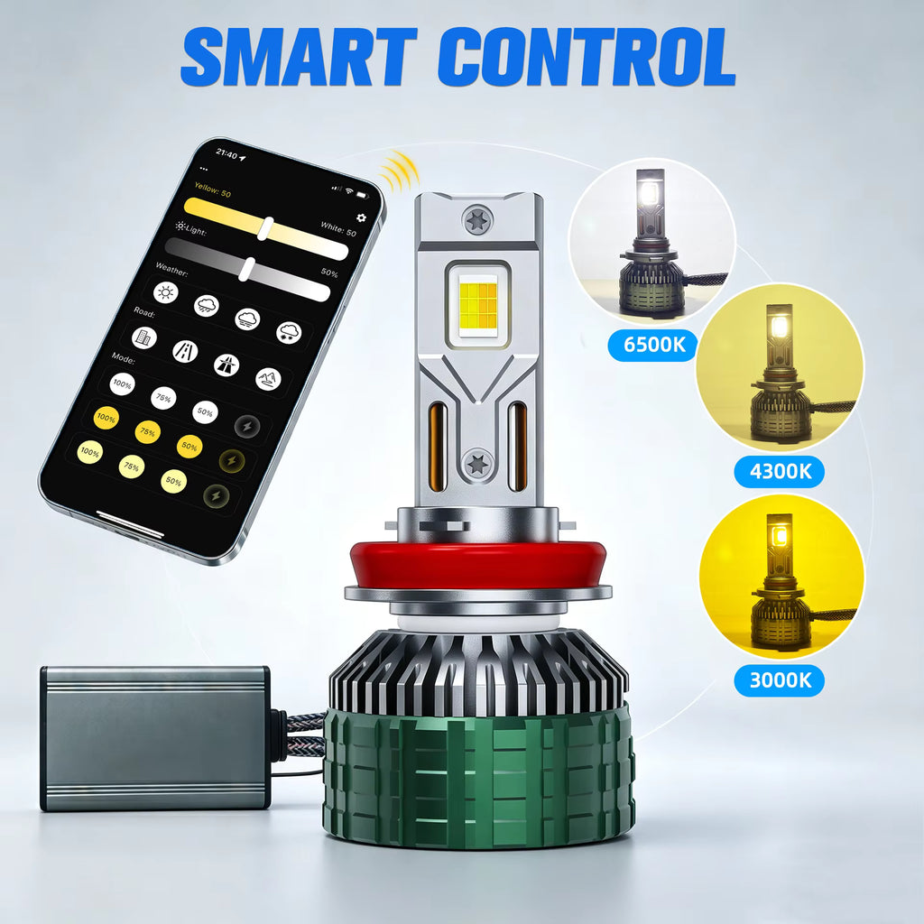 Smart APP Control LED Headlight Bulbs, Dual Copper Tube 12V Adjustable Color Temperature Faros LED, for H4 H7 H11 Car Fog Light