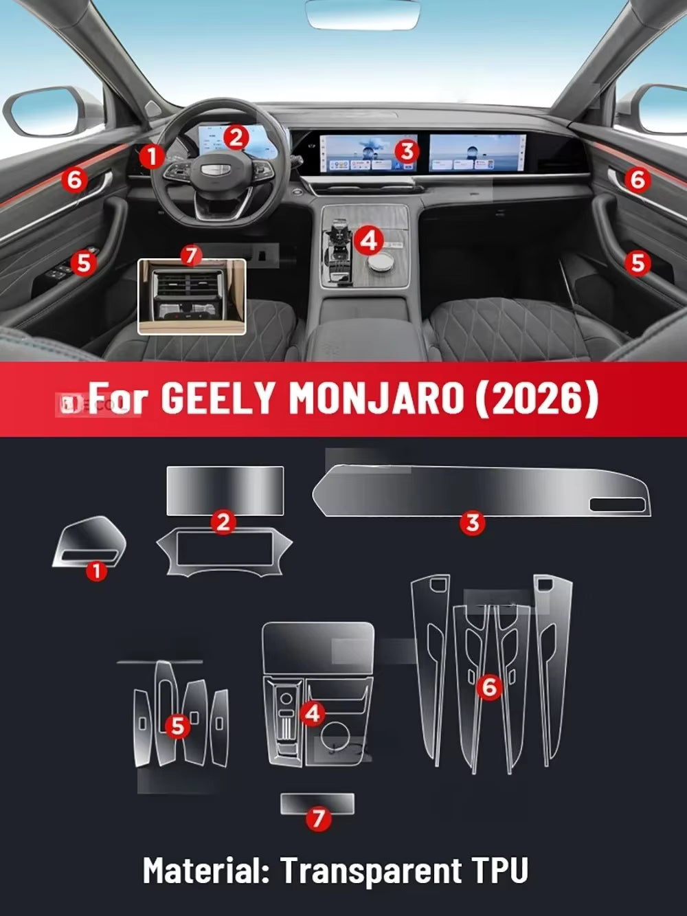 Transparent TPU Anti-Scratch Protection Film for GEELY MONJARO 2026 Car Center Console Dashboard Navigation Interior Film