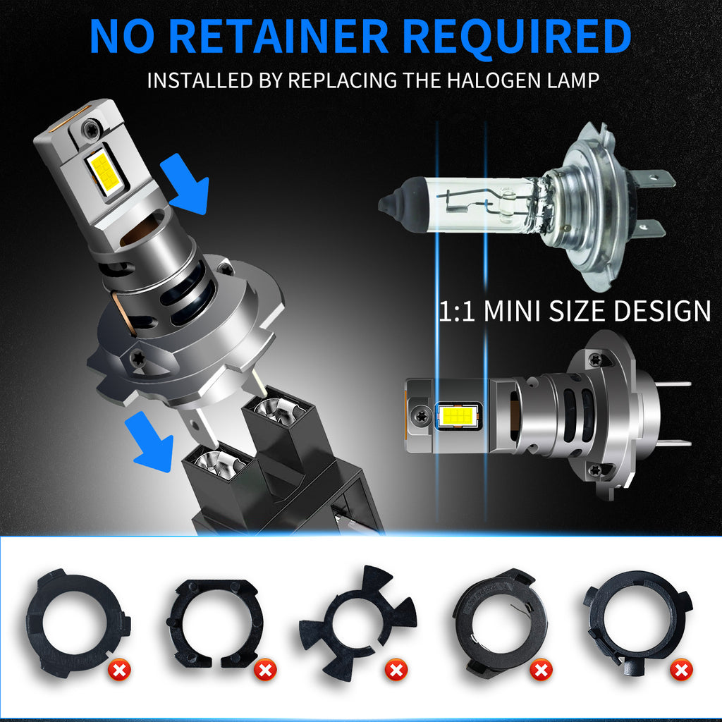 Mini 1:1 Halogen Size 16-Core 60W LED Headlight Bulb | Faros LED Direct Plug H7 Silent Fan Polarity-Free Auto Front Lamps